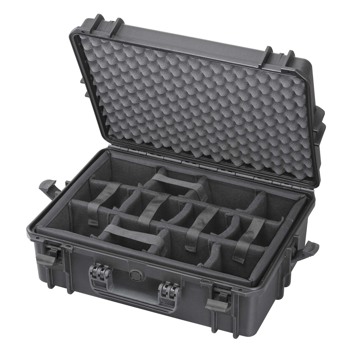 Panaro MAX505CAM black case open, grey padded dividers forming compartments in the base and convoluted foam lining the lid