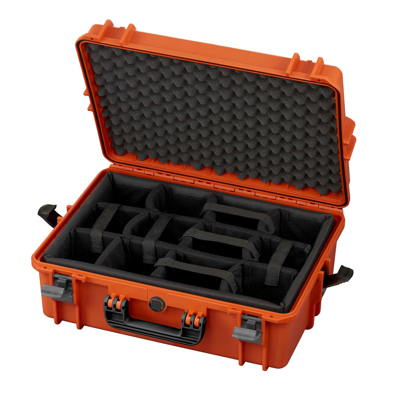 Orange Panaro MAX505CAM open with black padded dividers in the base and grey egg crate foam in the lid