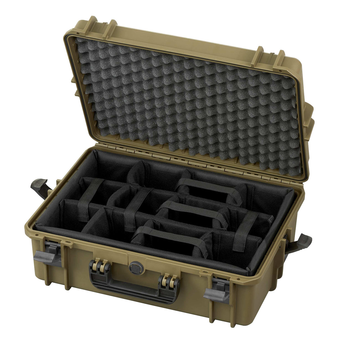 Sahara Panaro MAX505CAM open: black padded dividers in the base and convoluted foam lining the sand coloured lid