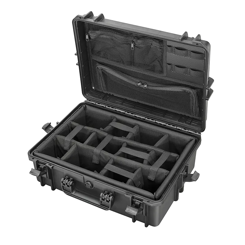 Panaro MAX505CAM waterproof case in sahara with Padded Dividers, open or detail view of the interior configuration