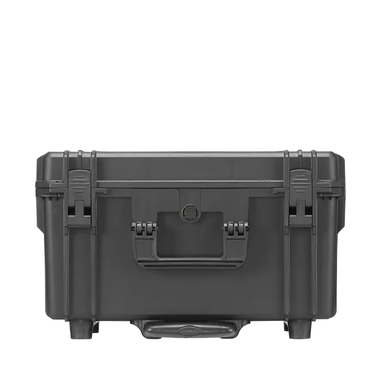 Panaro MAX505H280TR waterproof case in black with Trolley, closed front view showing latches and moulded shell