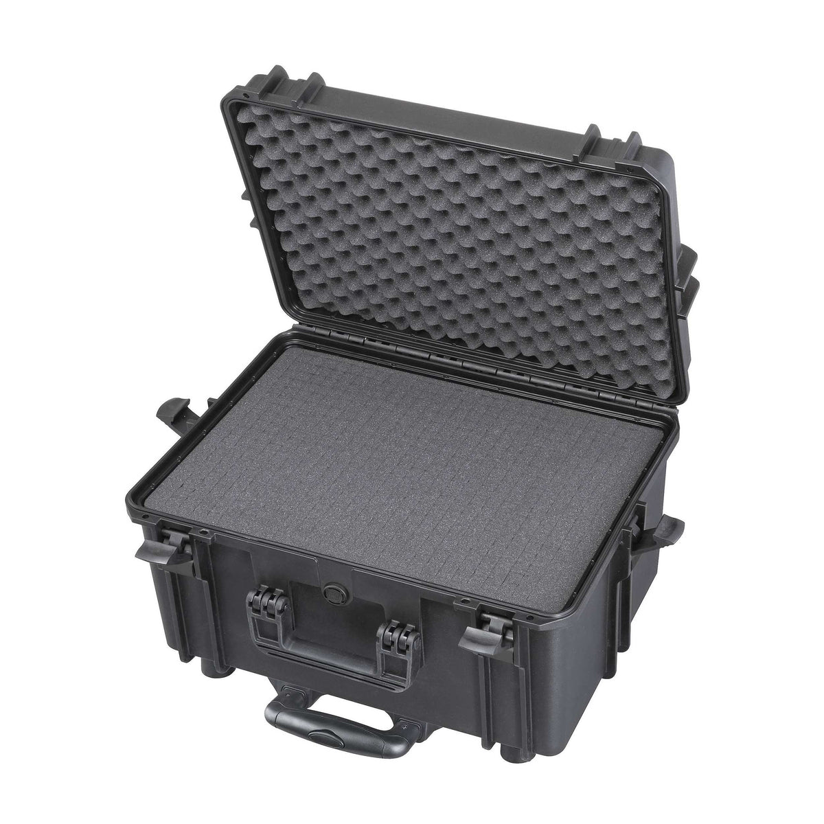 Black Panaro MAX505H280STR deep trolley case open, grey cubed foam filling the base and convoluted foam in the lid