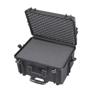 Black Panaro MAX505H280STR deep trolley case open, grey cubed foam filling the base and convoluted foam in the lid