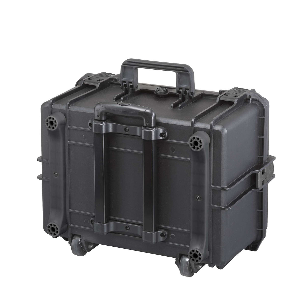 Back of the black MAX505H280 trolley case with the stowed handle frame and two wheels