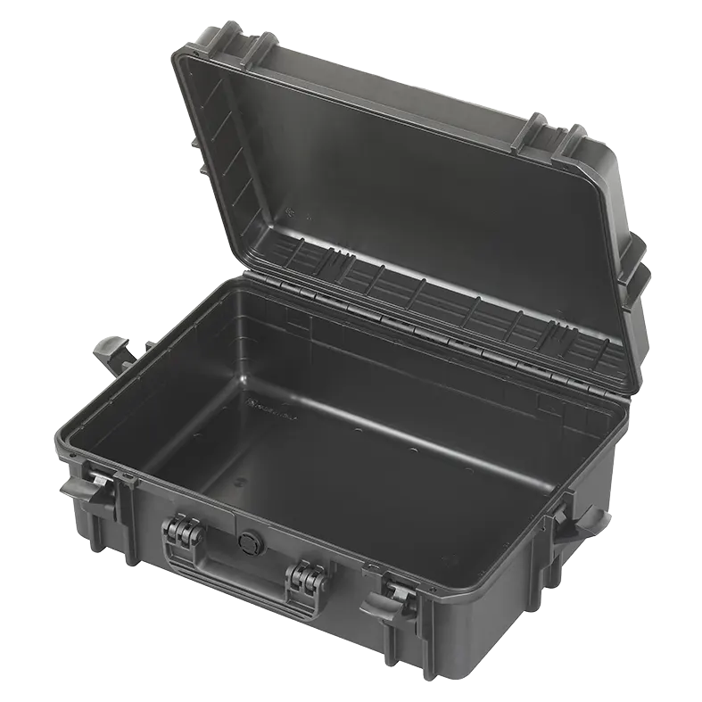 Panaro MAX505HDSTR waterproof case in black with High Density Cubed Foam and Trolley, closed front view showing latches and moulded shell