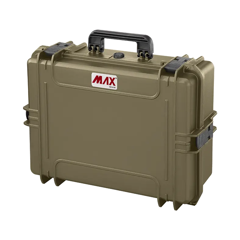 Panaro MAX505HDSTR waterproof case in sahara with High Density Cubed Foam and Trolley, closed front view showing latches and moulded shell
