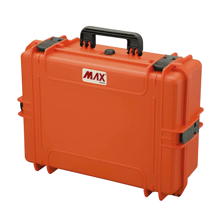 Panaro MAX505STR waterproof case in orange with Cubed Foam and Trolley, closed front view showing latches and moulded shell