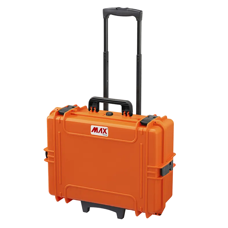 Panaro MAX505TR waterproof case in orange with Trolley, closed front view showing latches and moulded shell