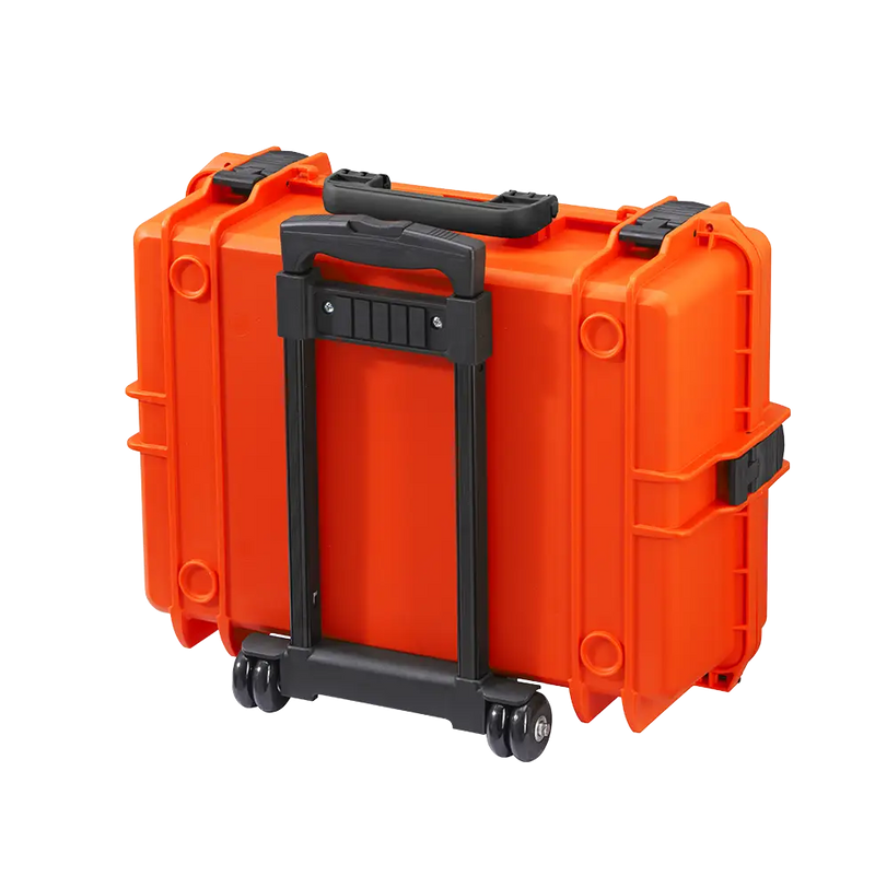 Panaro MAX505TR waterproof case in orange with Trolley, open or detail view of the interior configuration