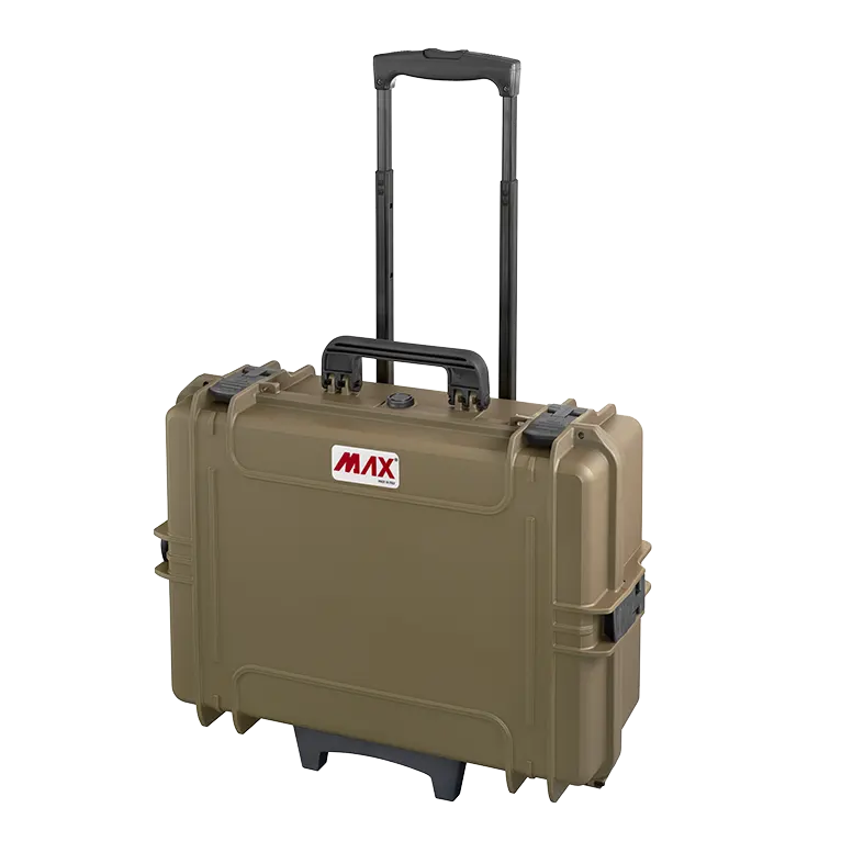 Panaro MAX505TR waterproof case in sahara with Trolley, closed front view showing latches and moulded shell