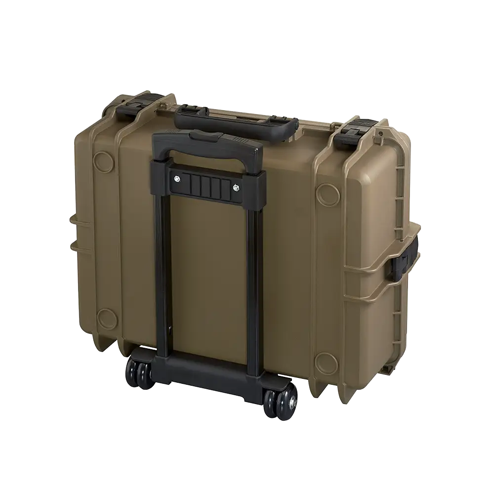 Panaro MAX505TR waterproof case in sahara with Trolley, open or detail view of the interior configuration