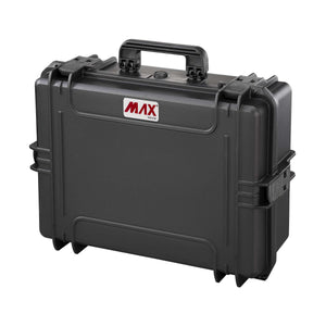 Panaro MAX505 black watertight case closed, three-quarter view with the red MAX badge, carry handle and two side latches