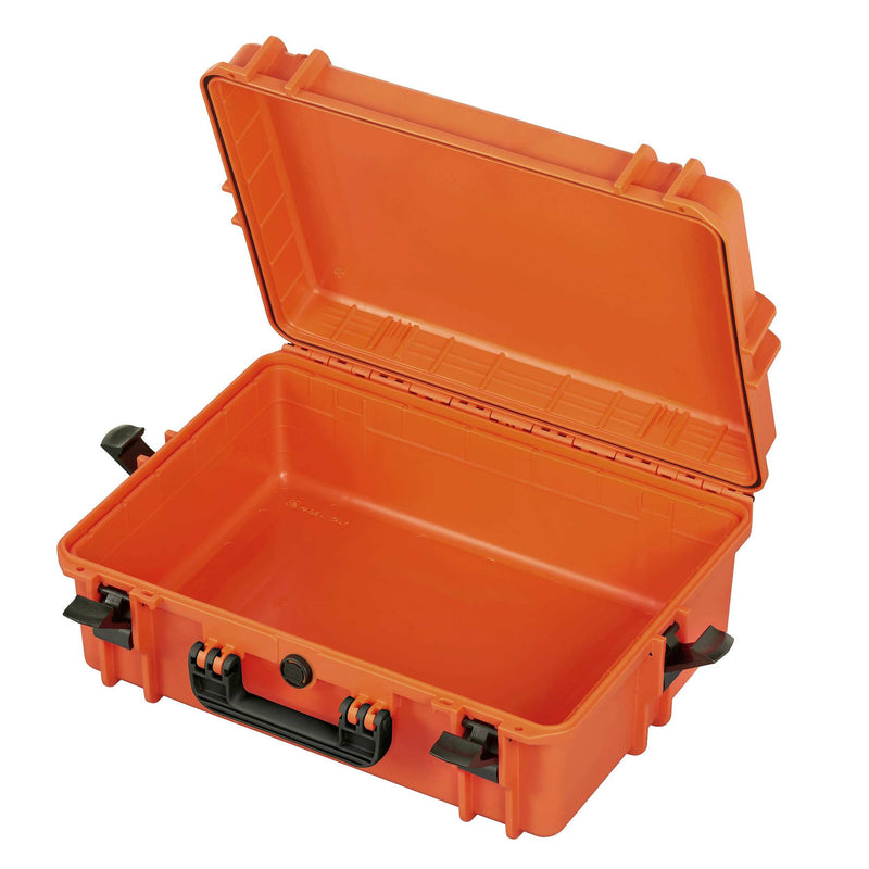 Open orange Panaro MAX505 case with an empty orange interior and the lid raised