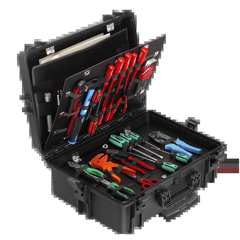 Black Panaro MAX505PUTR open, swing-out ABS panel with red screwdrivers and hex keys, pliers on the base board and papers in the lid pouch, trolley handle base at the front