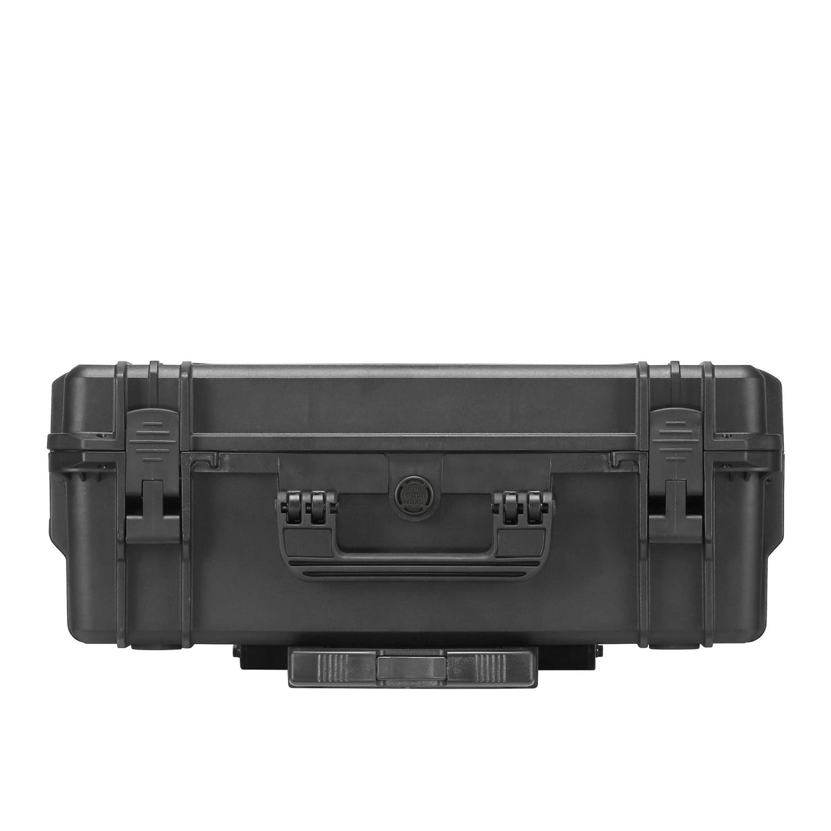 Black MAX505 trolley case from the latch side with the handle base and wheels showing