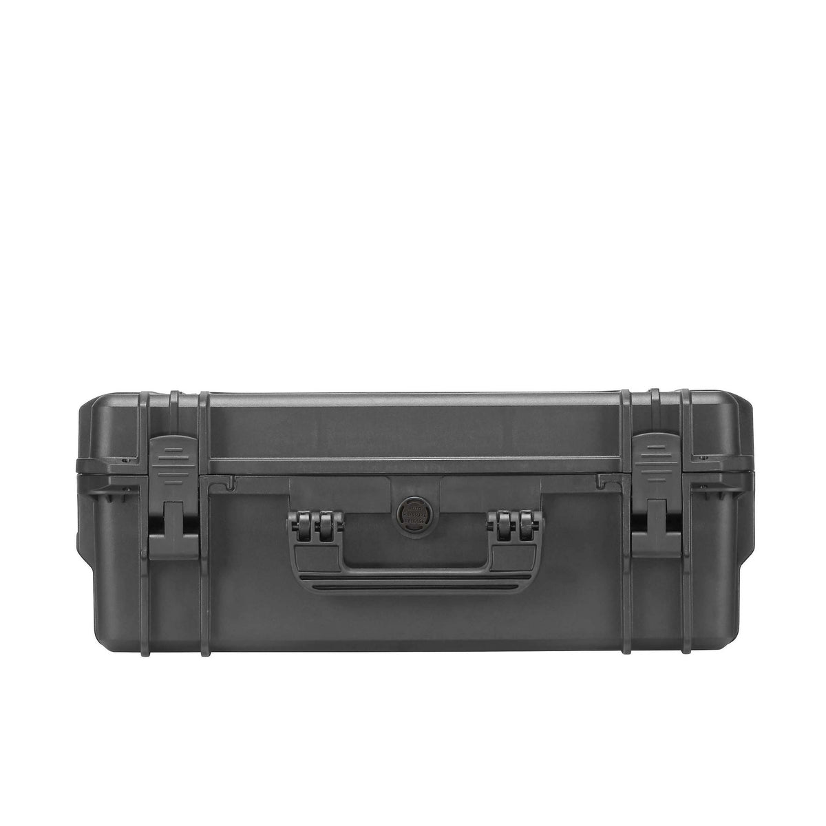 Black MAX505 case seen along the latch edge with both double throw latches and the pressure valve