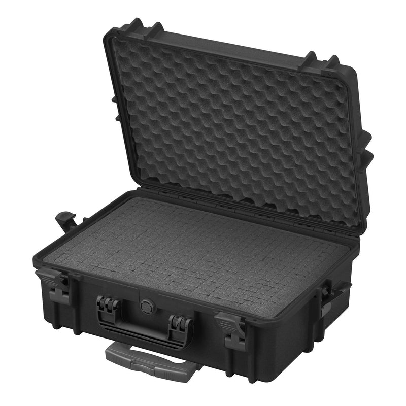 Black Panaro MAX505STR open on its wheels, grey cubed foam in the base and convoluted foam in the lid