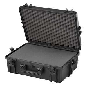 Panaro MAX505S black waterproof case open, grey pick and pluck cubed foam in the base and egg crate foam lining the lid