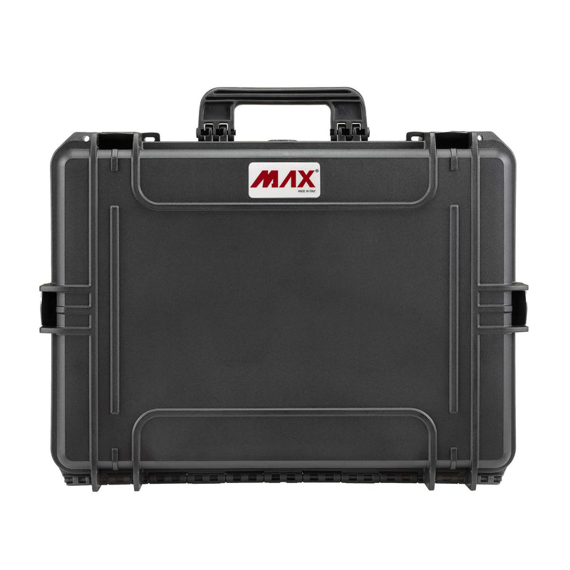 Front of the closed black MAX505 shell showing the red MAX logo, lid outline and fold-down carry handle