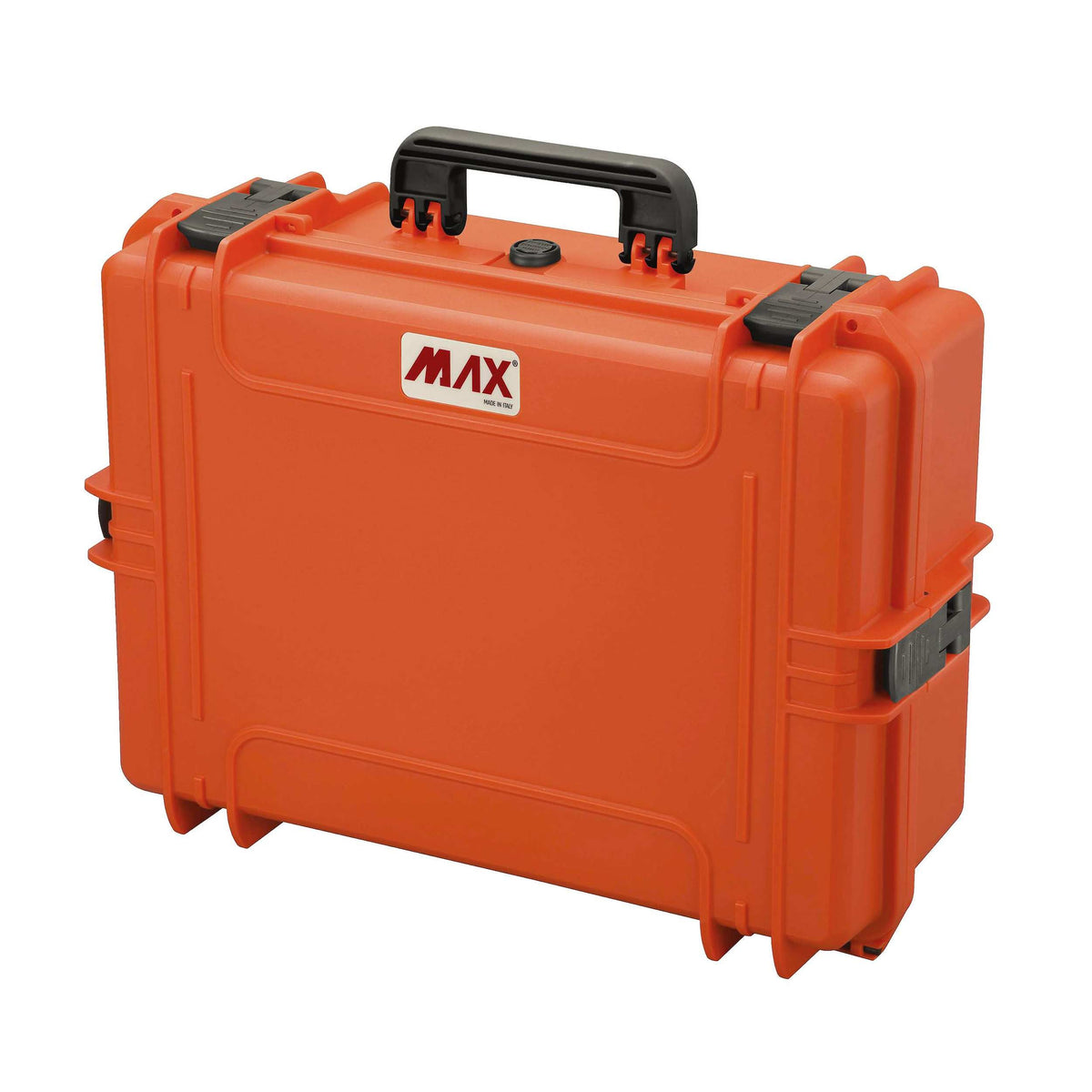 Closed orange Panaro MAX505 waterproof case, three quarter view with black handle, latches and red MAX logo
