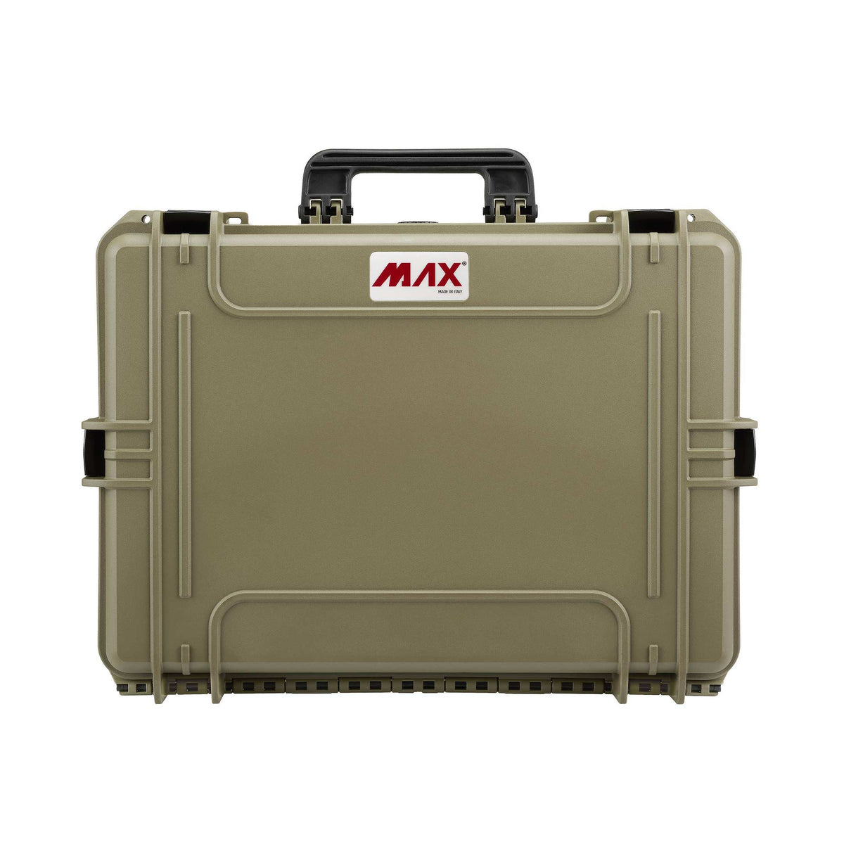 Sahara MAX505 waterproof case seen straight on, showing the lid panel, handle and side latches