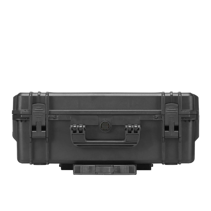 Black MAX505 trolley case from the latch side showing the handle base and wheels