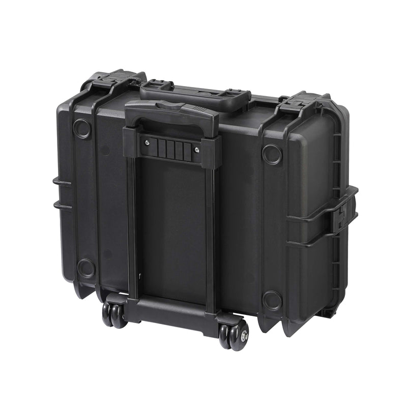 Back of the black MAX505 trolley case with the folded handle frame and wheels