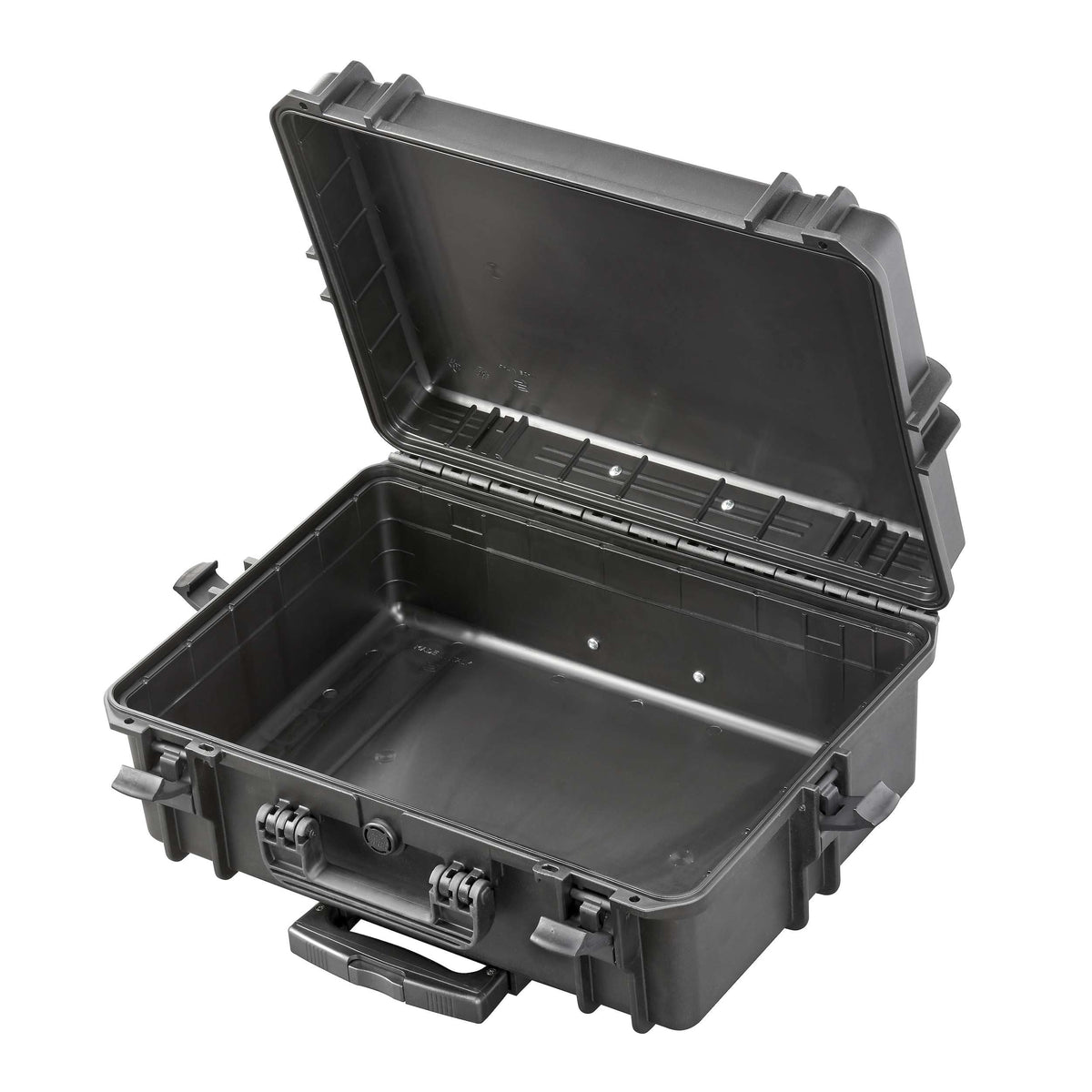 Black MAX505TR open and empty, showing the plain interior, lid seal channel and trolley handle base