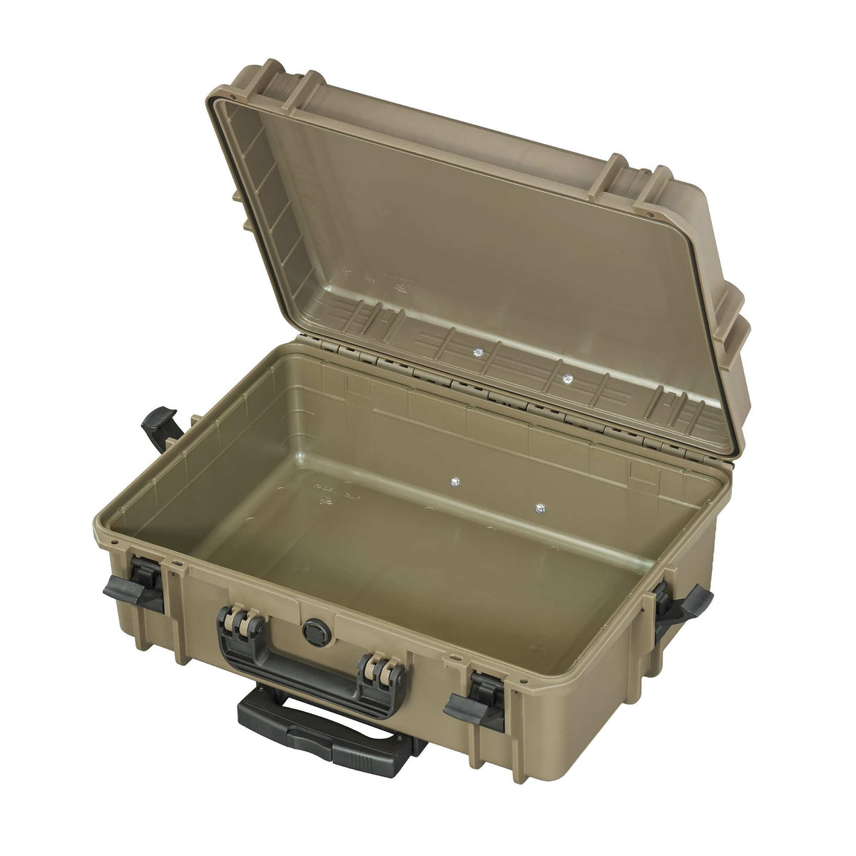 Panaro MAX505TR in Sahara open and empty, sand coloured base and lid with the trolley handle folded at the front