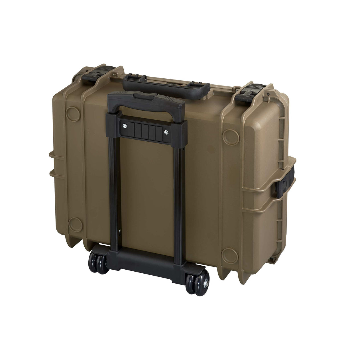 Panaro MAX505TR in Sahara from the back, showing the trolley frame, handle and twin wheels fitted to the base