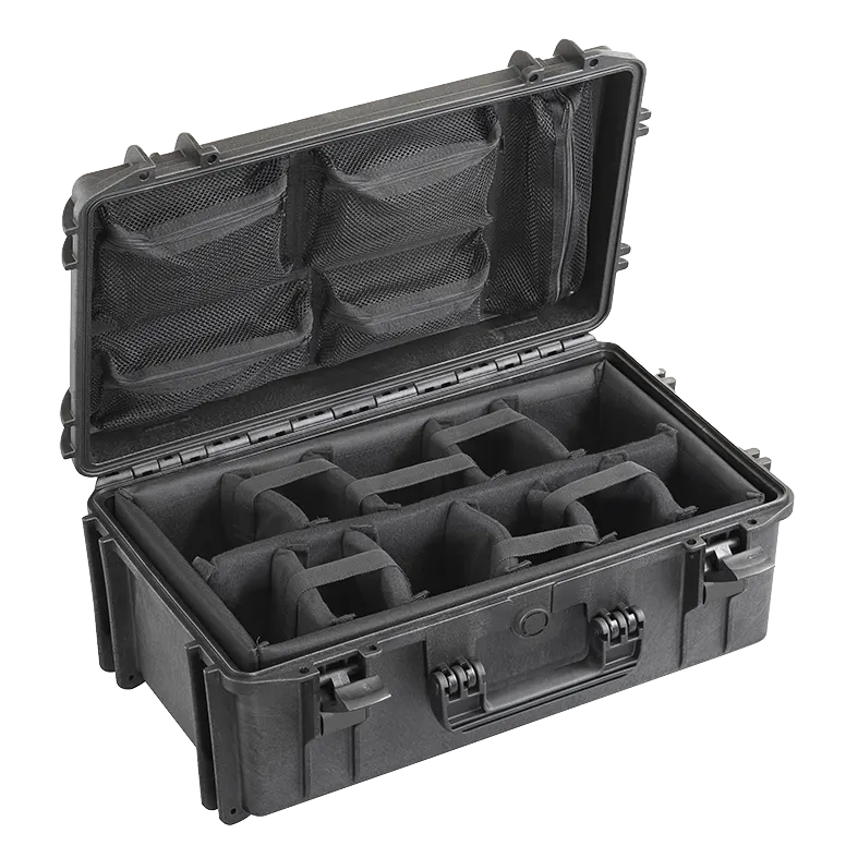 Panaro MAX520CAMORG waterproof case in black with Padded Dividers and Lid Organiser, closed front view showing latches and moulded shell