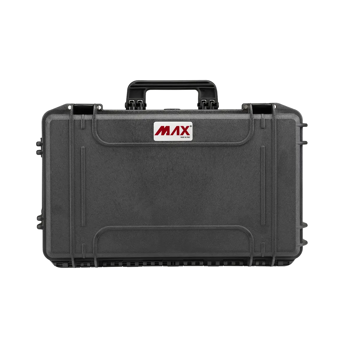 Panaro MAX520CAMTR waterproof case in black with Padded Dividers and Trolley, closed front view showing latches and moulded shell