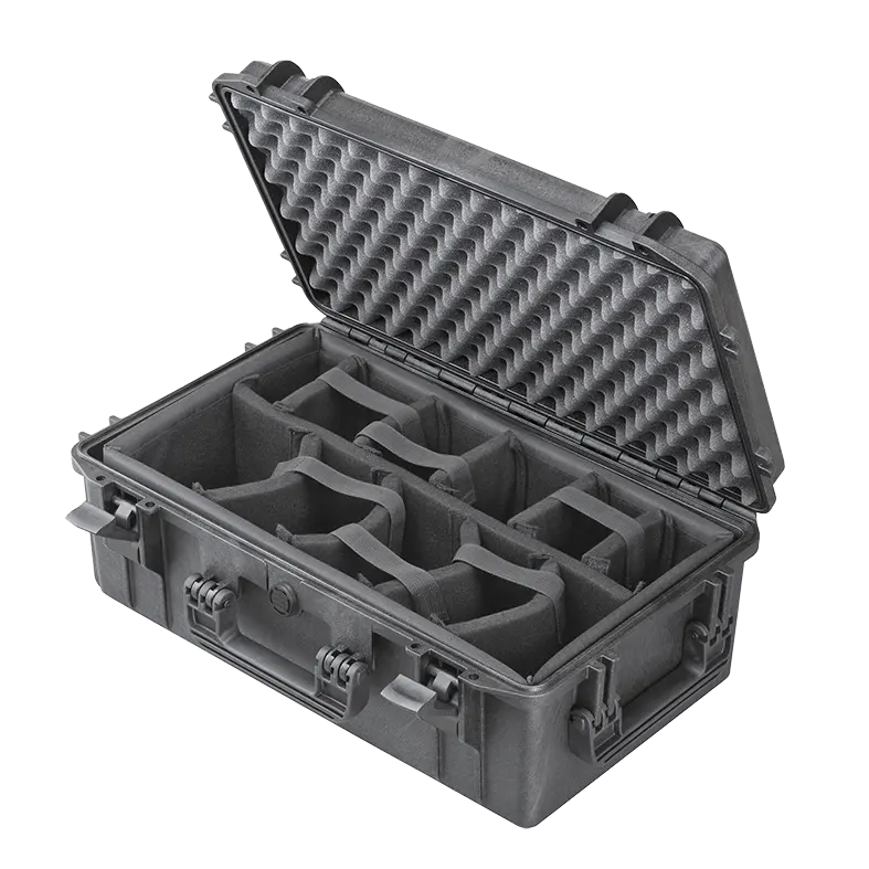 Panaro MAX520CAM waterproof case in black with Padded Dividers, closed front view showing latches and moulded shell