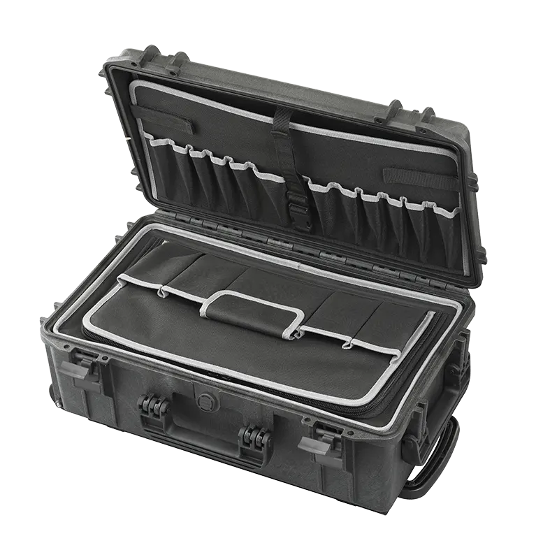 Panaro MAX520TCTR waterproof case in black with Trolley, closed front view showing latches and moulded shell