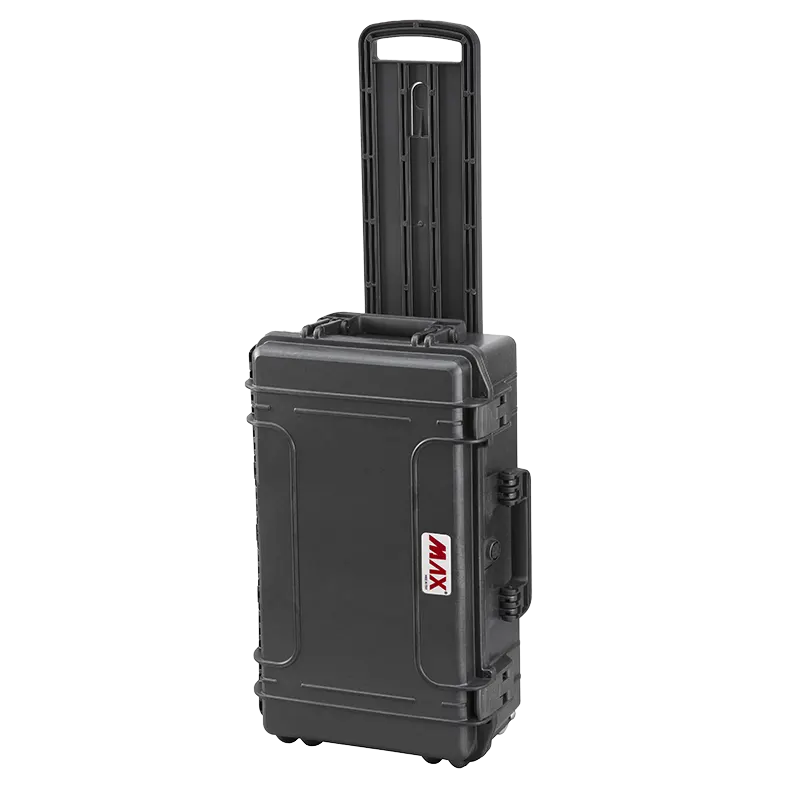 Panaro MAX520TR waterproof case in black with Trolley, closed front view showing latches and moulded shell
