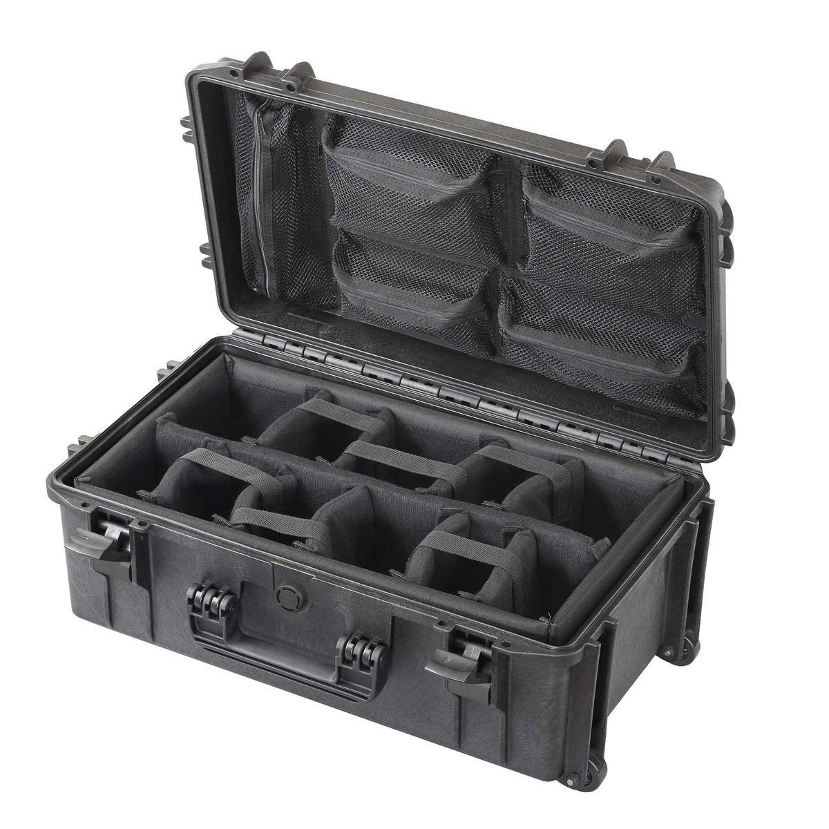Panaro MAX520CAMORGTR open: grey padded dividers in the base and a mesh organiser with zip pockets in the lid, trolley wheels at the front