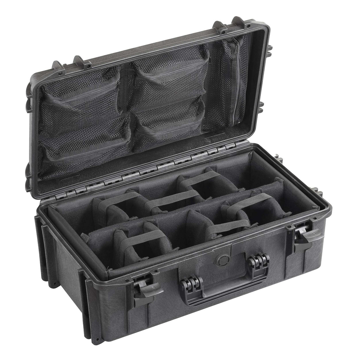 Panaro MAX520CAMORG open: grey padded dividers form camera bays in the base and a black mesh organiser with zip pockets sits in the lid