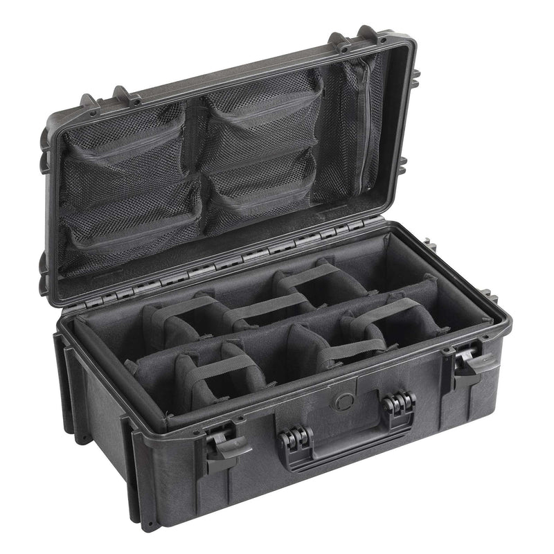 Panaro MAX520CAMORG open: grey padded dividers form camera bays in the base and a black mesh organiser with zip pockets sits in the lid
