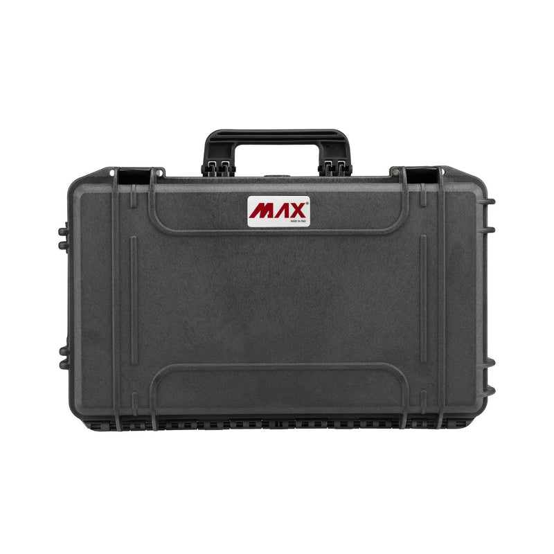 Panaro MAX520CAMORG straight-on view of the black MAX520 lid with red MAX logo, carry handle at the top and latches at each end