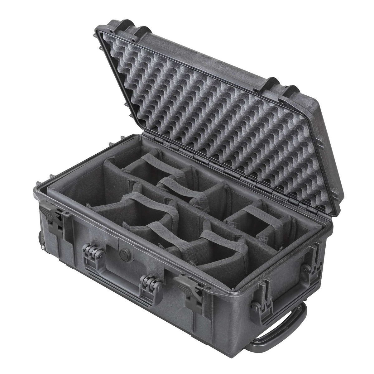 Panaro MAX520CAMTR open: grey padded dividers in the base and convoluted lid foam, with the wheels visible at the trolley end