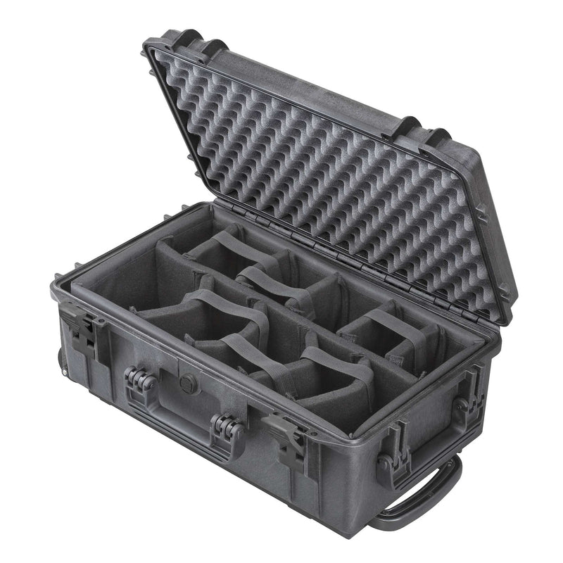 Panaro MAX520CAMTR open: grey padded dividers in the base and convoluted lid foam, with the wheels visible at the trolley end