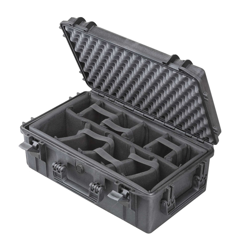 Panaro MAX520CAM open: grey padded dividers split the base into bays and convoluted foam lines the lid