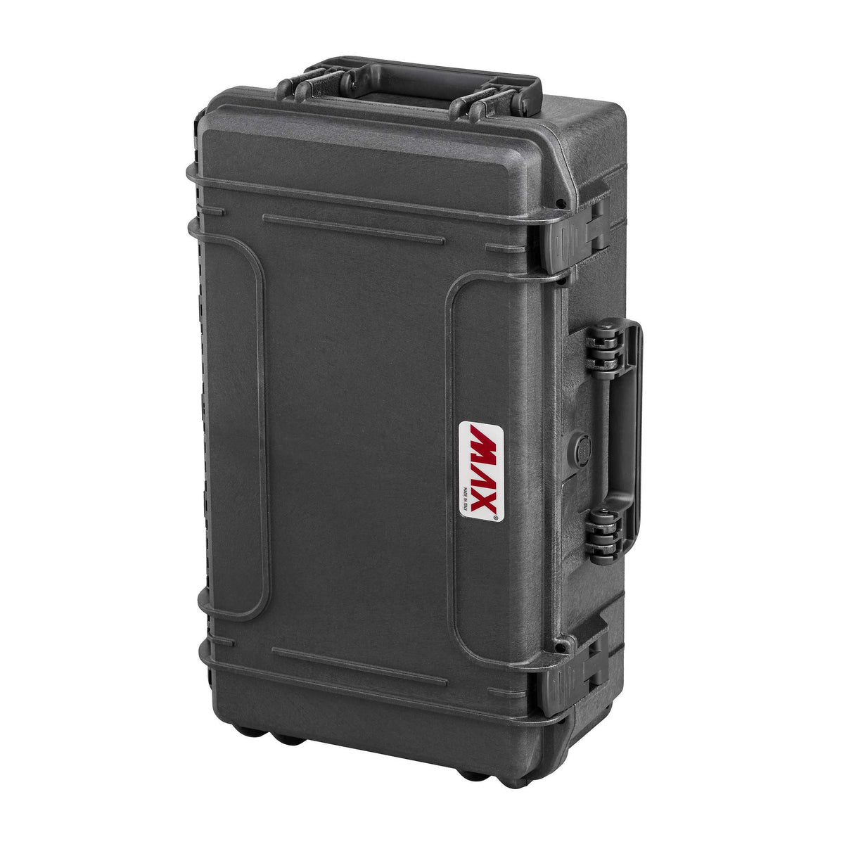 Panaro MAX520CAM stood on its end, black MAX520 shell with the MAX logo running vertically and the hinge side visible