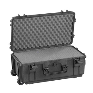 Panaro MAX520STR open: pick and pluck cubed foam in the base and convoluted foam in the lid, trolley wheels at the front corner