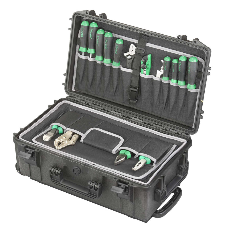 Panaro MAX520TCTR open and loaded with drivers, pliers and cutters in the lid pockets and base bag; the tools shown are not included