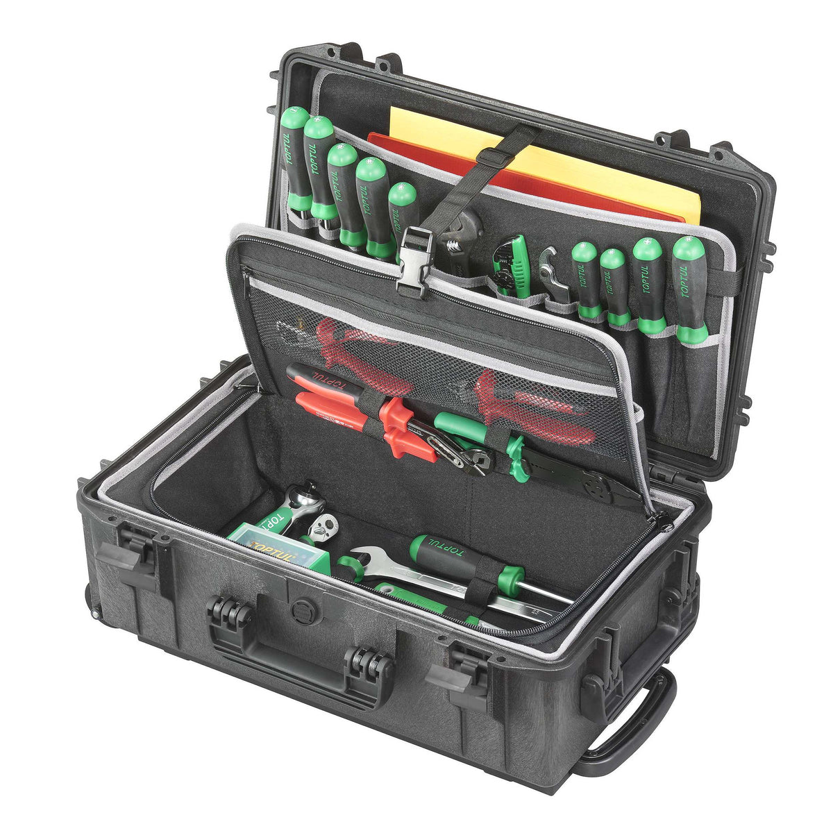 Panaro MAX520TCTR open with the inner tool panel folded forward holding pliers and drivers; tools and folders shown are not included