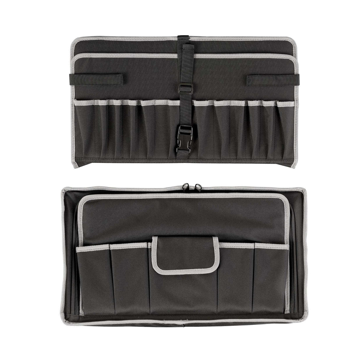 Panaro MAX520 tool storage system out of the case: pocketed lid panel with retaining strap and a framed tool bag with handle