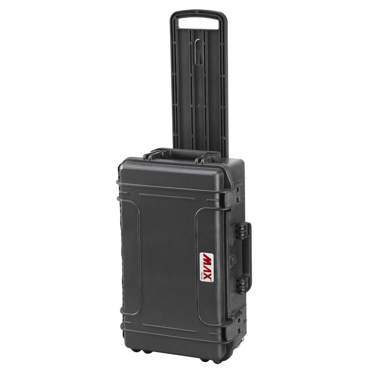 Panaro MAX520TR standing on its wheels with the extendable trolley handle pulled up, black MAX520 shell with red MAX logo
