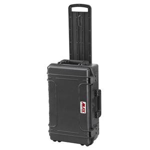 Panaro MAX520TR standing on its wheels with the extendable trolley handle pulled up, black MAX520 shell with red MAX logo