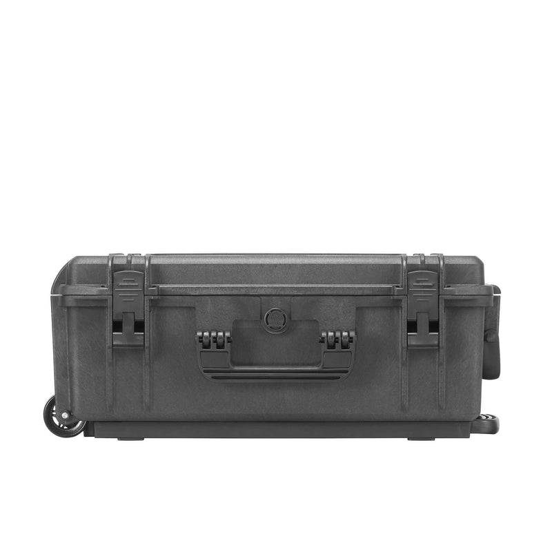 Panaro MAX520TR lying flat, latch side view with carry handle, two latches, pressure valve and a wheel at the trolley end